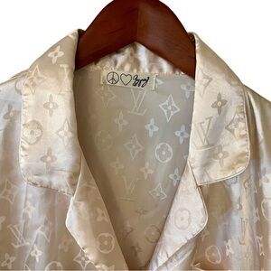 Jaded Gypsy Boutique Satin Pajama Set L/XL Champagne Monogram Print Lounge Set